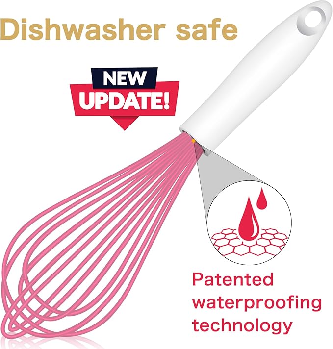 OYV Pink Silicone Whisk, Sealed Waterproof Design Set of 3, Professional Kitchen Whisks for Cooking Non-Scratch, Silicone&Stainless Steel Whisk, Heat Resistant 480°F Rubber wisk, BPA free