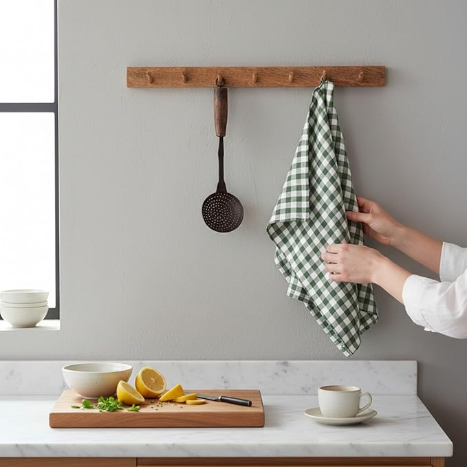 Eight Owls Stonewashed Linen Kitchen Dish Towels - 20 x 27 inch – 100% Pure Linen Tea Towel/Hand Towel - Set of 2 (Green Check)