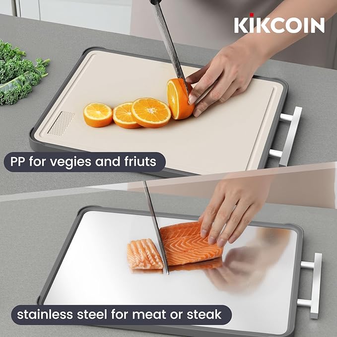 Kikcoin 17"×11" 304 Stainless Steel Cutting Boards for Kitchen, Food Grade BPA-Free Double Sided Cutting Board, Extra Large Non-Toxic Chopping Board for Meat, Vegetables, Cheese & Charcuterie, Beige