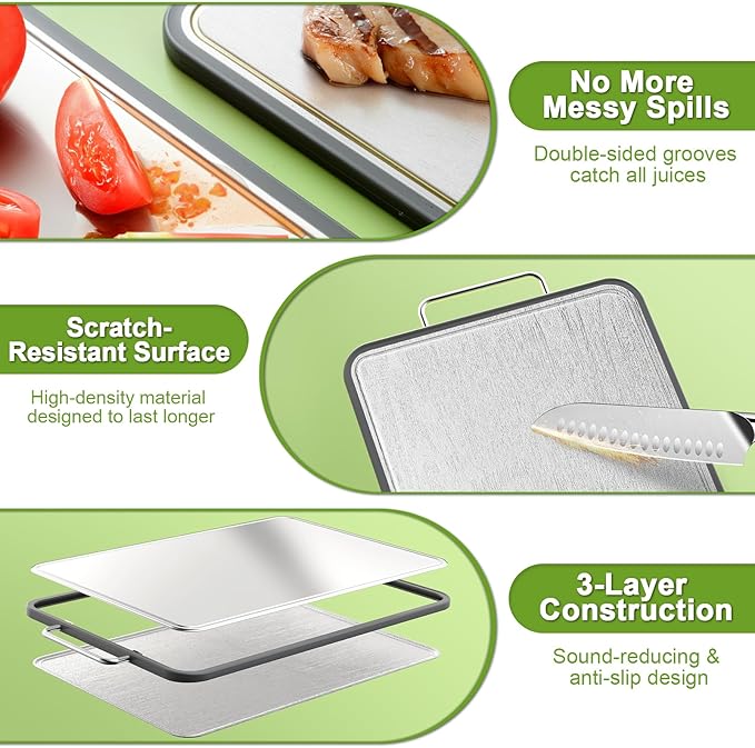 Stainless Steel Cutting Board for Kitchen, 17" x 11" Large Heavy Duty Chopping Board with Juice Grooves, Double Sided Defrosting Tray, Non-Slip Rust Resistant, Dishwasher Safe