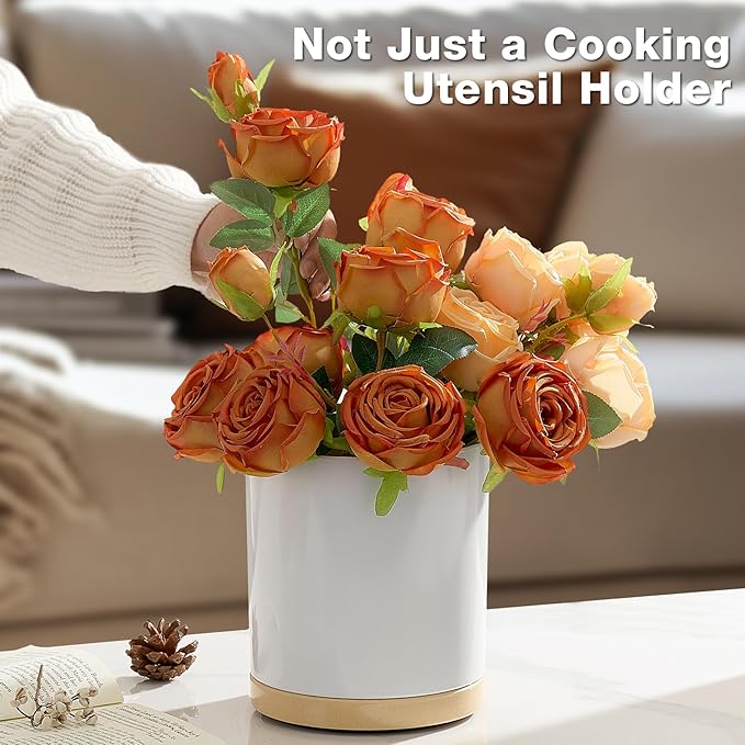 Meolibour Extra Large Porcelain Like Kitchen Cooking Utensil Holder, 360° Rotating Utensil Crock, 7.2" Unbreakable for Countertop, for Farmhouse Kitchen Decor with Rotatable and Detachable Base