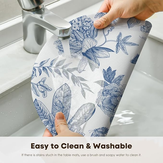 Artoid Mode Blue Floral Vinyl Round Spring Placemats Set of 4, Washable Heat Resistant Non-Slip Woven Summer Plastic PVC Place Mats for Farmhouse Party Kitchen Dining Decor