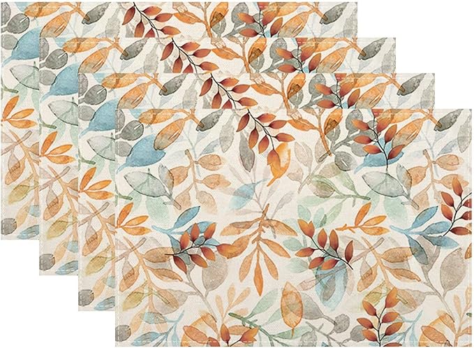 Fall Colourful Leave Placemats 12x18 Inch Set of 4, Beige Eucalyptus Leaves Table Place Mat Seasonal Autumn Washable Table Mats Decorative Linen Fabric Table Mat for Dining Table