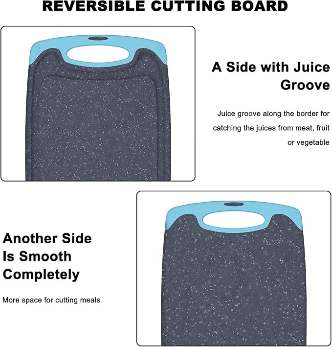 Plastic Cutting Board, 3 Pieces Dishwasher Safe Cutting Boards with Juice Grooves, Easy Grip Handle, Non-Slip, with Grinding Area for Grinding Garlic and Ginger（aqua）