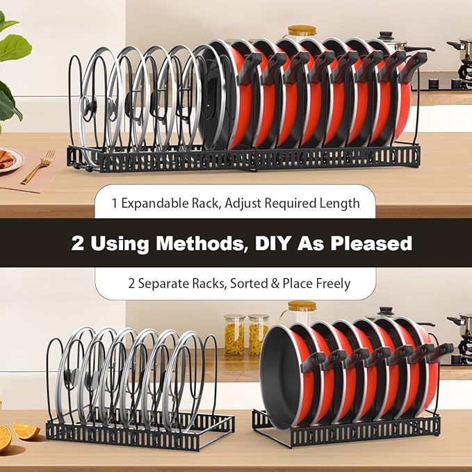 Housolution 2 Pack Pot and Pan Organizer with 14 Adjustable Dividers, 12"-23" Expandable Food Container Lid organizer Compatible with Tupperware, Pan Lid Holder Storage Rack for Cabinet, Black