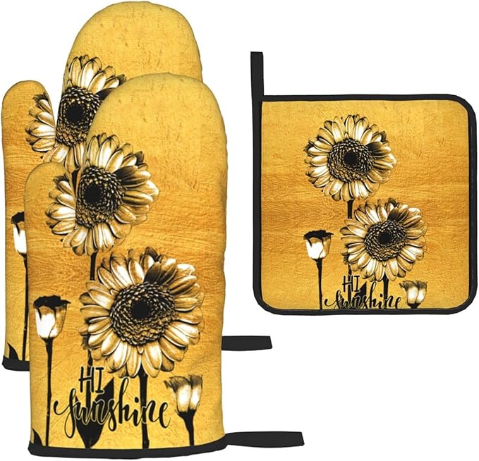 Sunflower Oven Mitts and Pot Holders Sets, Heat Resistant Gold Kitchen Oven Glove for Kitchen BBQ Baking Grilling Cooking, Sunflower Gifts for Women Cooks Bakers Cooking Lover