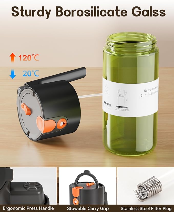 OURCABECUE Upgrade 2 in 1 Oil Sprayer for Cooking, 17oz Light-Blocking Glass Olive Oil Dispenser Bottle for Kitchen,Food-Grade Oil Mister with 8 Stickers(2PCS)