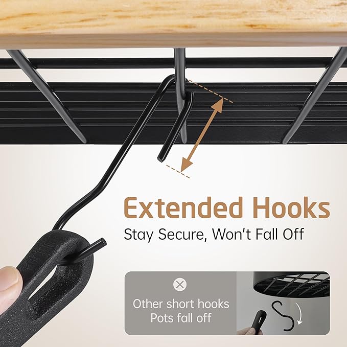 KES Pot Rack Wall Mounted 34 Inch, Pot and Pan Hanging Rack with 20 Sturdy Hooks, Solid Wood Pot and Pan Hanger Organizer, Matte Black, KUR529S85A-BK