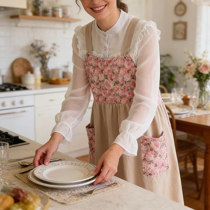 Uaussi Cotton Linen Apron Cross Back Work Apron for Women with Pockets Pinafore Dress X Cross Halter Apron for Chef Gardening