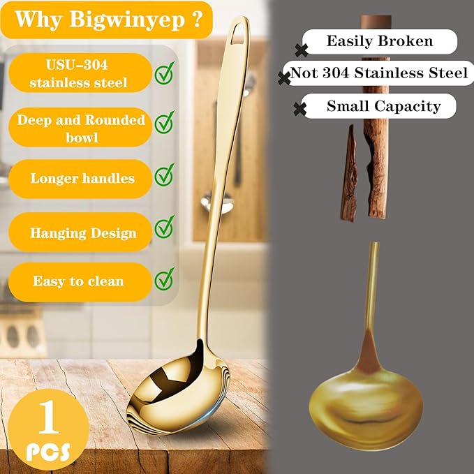 Soup Ladle Soup Spoons 304 Stainless Steel Gold Ladle, 12.2Inch Long Handle Large Serving Spoon for Cooking Buffet, Party, Kitchen, Gold