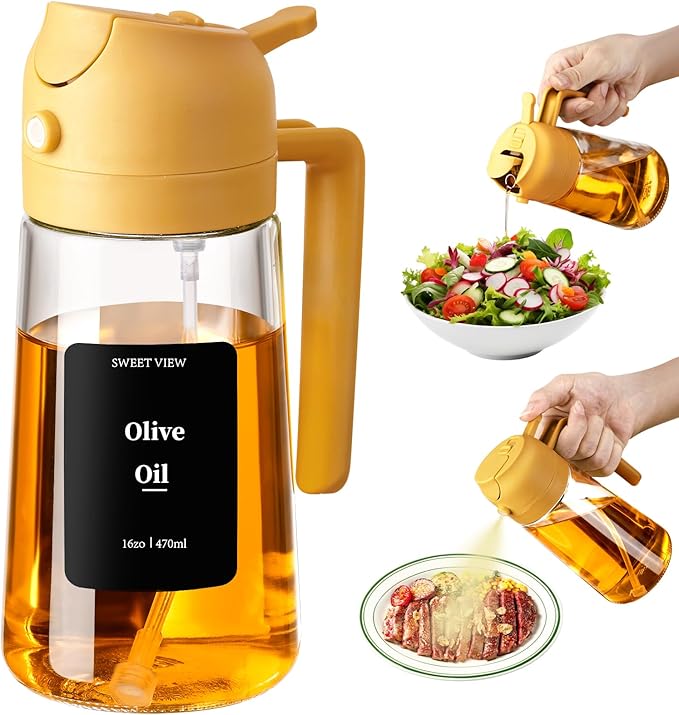SWEET VIEW Oil Sprayer for Cooking, 16oz/470ml 2 In 1 Glass Olive Oil Sprayr & pourer for Kitchen, Air Fryer, Cooking, Salad, BBQ (Yellow)