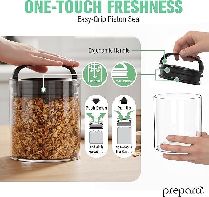 Prepara Evak Fresh Saver Short Airtight Containers, Large - Black Handle with Patented Twin-Valve System, BPA Free Stackable Storage Canisters for Pantry Organization - Dishwasher Safe (2-Pack)