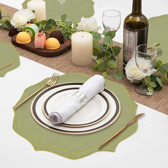 Set of 8 Cotton Linen Placemats, 15x15 Round Scalloped Cloth Table Mats, Embroidery Machine Washable, Wrinkle Resistance Fabric Place Mats for Wedding Summer Baby Shower Party Table Decor-Green