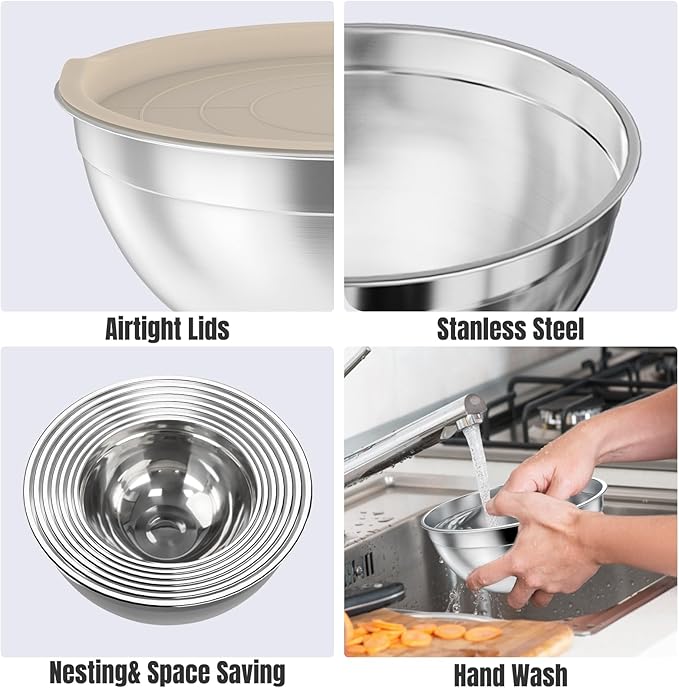 ENVTEK 7-Piece Stainless Steel Mixing Bowls Set with Lids & 3 Grater Attachments – Size 4.5, 4, 3.5, 2.1, 1.5, 1.1, 0.7QT, Kitchen Gadgets Set for Cooking, Baking, and Serving, Khaki