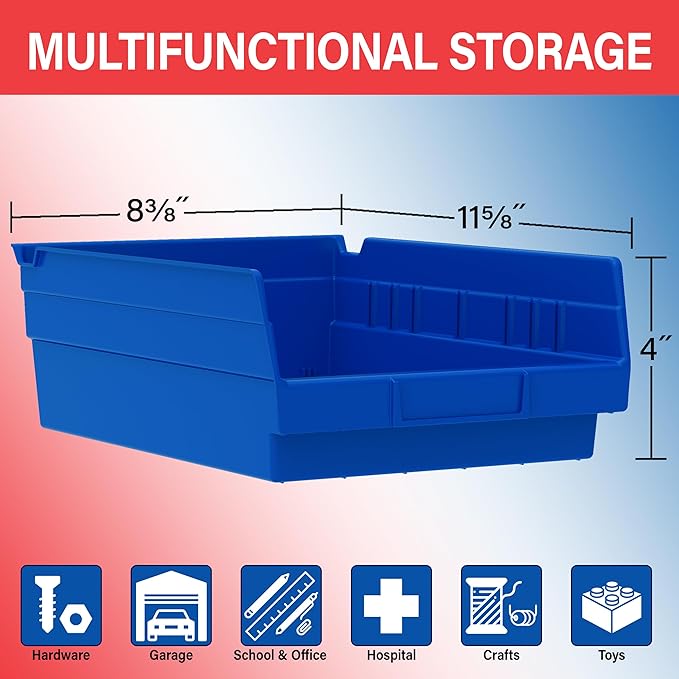 Akro-Mils 30150 Plastic Shelf Bins, Heavy Duty Storage Bins for Garage, Closet, and Drawer Organization, 12" x 8" x 4", Blue, 12-Pack
