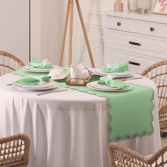 Scalloped Edge Table Runner 70 Inches Preppy Embroidery Edge Table Runner Cute Neutral Rustic Dining Decor for Kitchen(Moss Green,Sage Green)