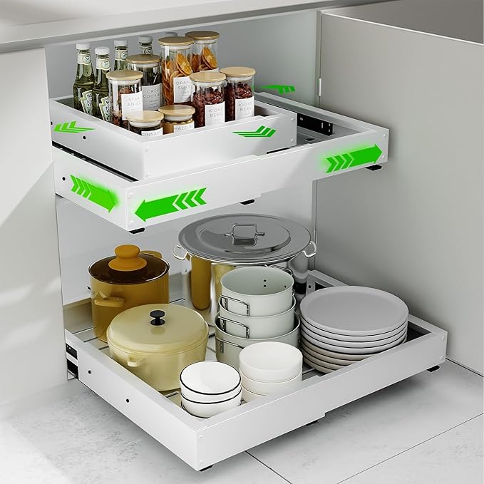 2 Pack Expandable Pull Out Cabinet Organizer, Width (12"-19" ) & Depth (16.5"-22")No Drill Adjustable Cabinet Pull Out Shelves for Kitchen,Pantry, Adhesive Roll Out Shelves for Kitchen Cabinets-White