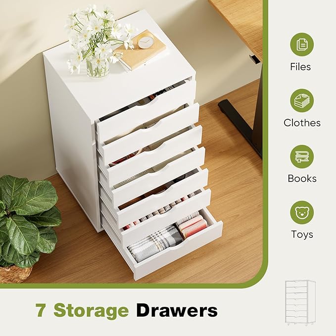 Sweetcrispy 7 Drawer Chest Mobile Storage Cabinets Wooden Dresser with Wheels Room Organization Furniture for Office, Pure White