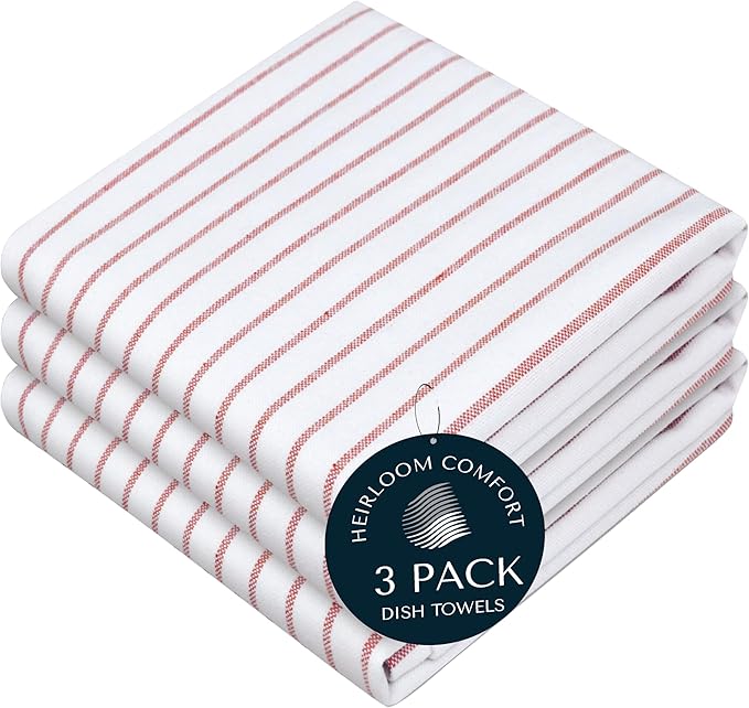 Rust Stripe Dish Towels, 3 Pack, 100% Cotton, Super Absorbent and Quick Dry, Classic Striped Kitchen Towel Set, Durable Wash Cloths for Kitchen Use, Cleaning & Drying Dishes