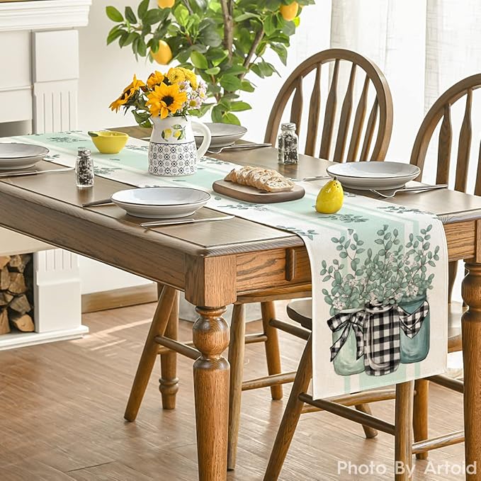 Artoid Mode Buffalo Plaid Eucalyptus Vases Summer Table Runner, Spring Kitchen Dining Table Decoration for Home Party Decor 13x72 Inch