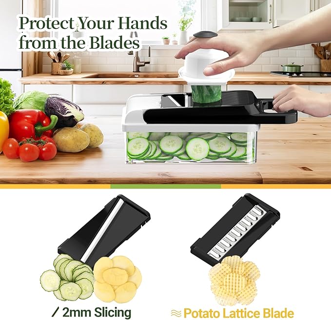 StoreHappily 12-in-1 Vegetable Chopper, 7 Blades Veggie Chopper with Container and Lid, Dicer, Slicer, Multifunctional Kitchen Gadgets, Vegetable Cutter with Handle, Onion Cutter(Black/White)