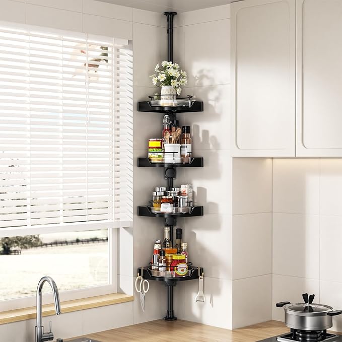 akinbas Shower Caddy Tension Pole with 4 L-Lazy Susan Organizer 360 Rotating 35-128 Inch No Drilling Floor Standing Shelves Adjustable Shower Rack for Bathroom Corner (Black)