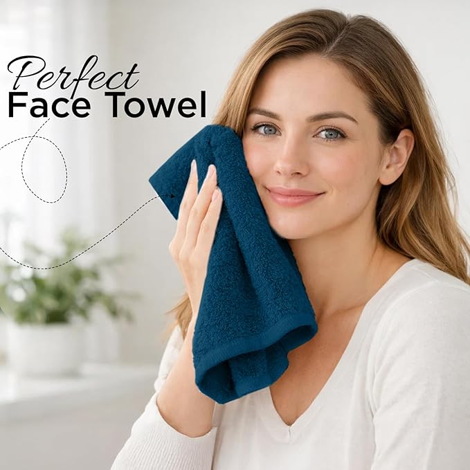 DAN RIVER 12-Pack Premium 100% Cotton Blue Opal Face Towels for Bathroom - Reusable Face Wash Cloths for Showering 12x12 Inches - 550 GSM Super Soft & Absorbent Luxury WashCloths for Body, Spa & Gym