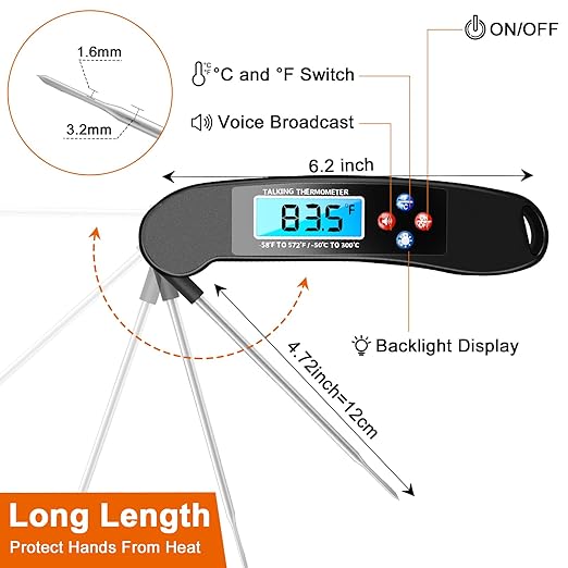 2PCS Digital Talking Thermometer for The Blind, Waterproof Instant Read Food Thermometer with Talking Function & Backlight, Meat Thermometer with Probe for Cooking and Grilling, and More