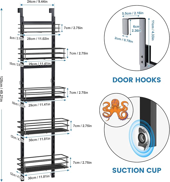 5-Tier Over the Door Pantry Organizer,Cabinet Door Organizer,Kitchen Pantry Door Organizers and Storage,Over the Door Spice Rack,Behind the Door Storage,Door Hanging Organizer,Black