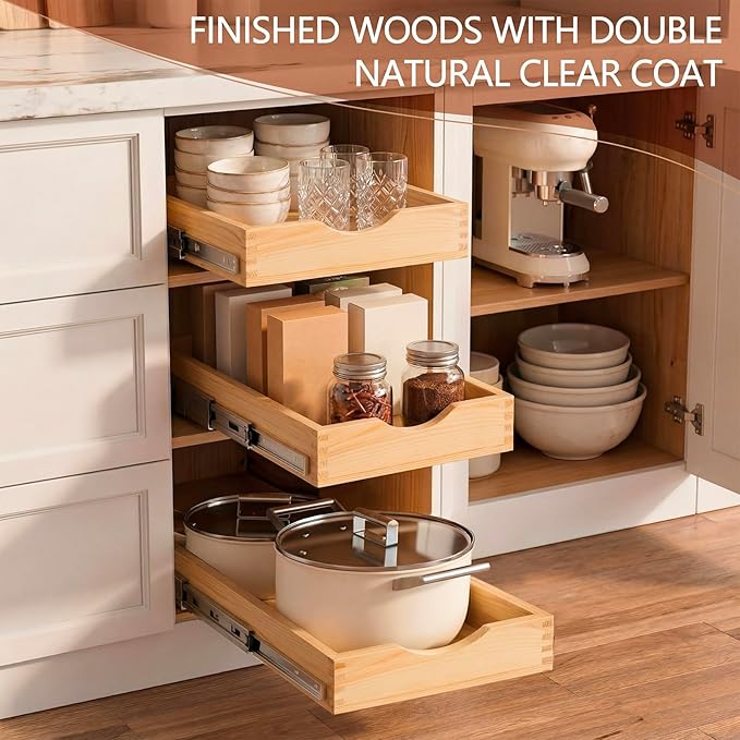 Sintuff 3 Pack Wooden Pull out Tray Cabinet Organizer Gentle Close Roll out Shelves for Kitchen Cabinets Fully Assembled Slide Pantry Shelves (15'' X 21'')