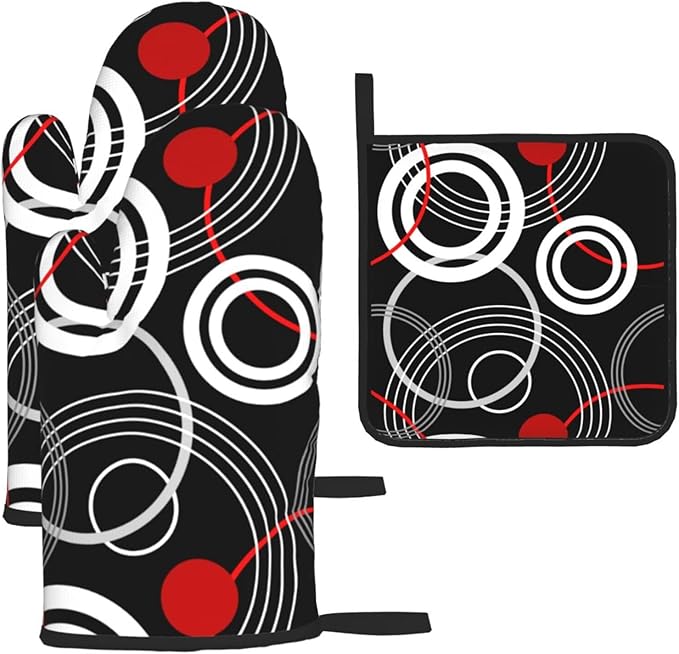 Modern Black Red Retro Oven Mitts and Pot Holders Sets of 3 Abstract Modern Hot Pads Heat Resistant Non Slip Washable for Cooking Grilling Baking BBQ Kitchen Decor
