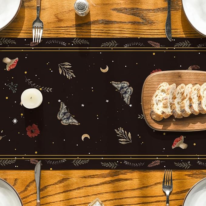 Artoid Mode Poppy Moth Mushroom Moon Fall Table Runner, Seasonal Autumn Kitchen Dining Table Decoration for Home Party Decor 13x36 Inch