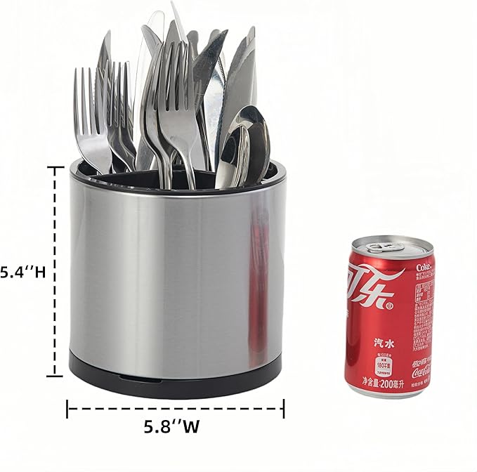 LIBODOUR Kitchen Utensil Holder Extra Large 360°Rotating For Counter Organizer Stainless Steel Storage Cooking Silverware Caddy 3 Compartment Flatware Spoon Spatula Tool Cutlery Container