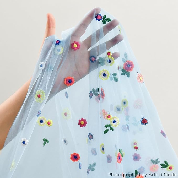 Artoid Mode Blue Embroidery Daisy Spring Gauze Table Runner 59x120 Inch 10FT, Seasonal Sheer Kitchen Dining Holiday Wedding Birthday Table Decor for Home Party
