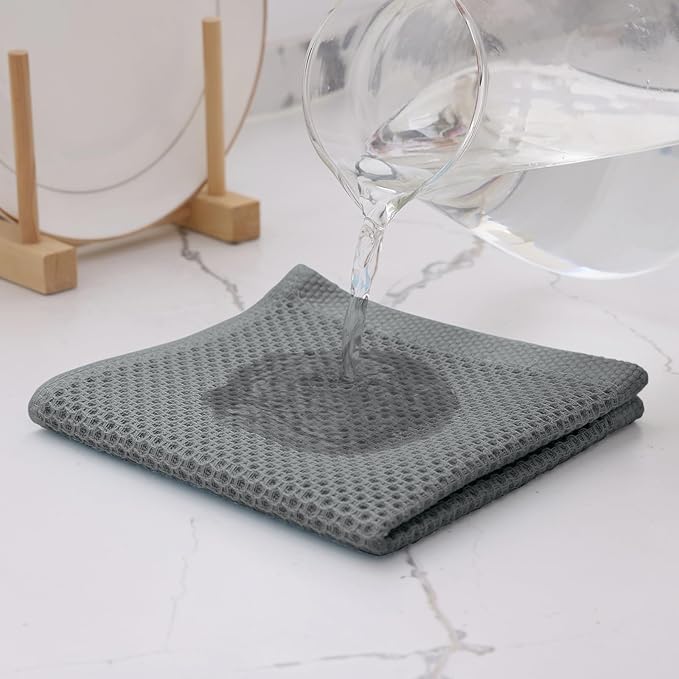 Kitinjoy 100% Cotton Kitchen Dish Cloths (12 X 12 Inches, Grey), 6 Pack Waffle Weave Ultra Soft Absorbent Dish Towels for Drying Dishes Quick Drying Kitchen Towels Dish Rags