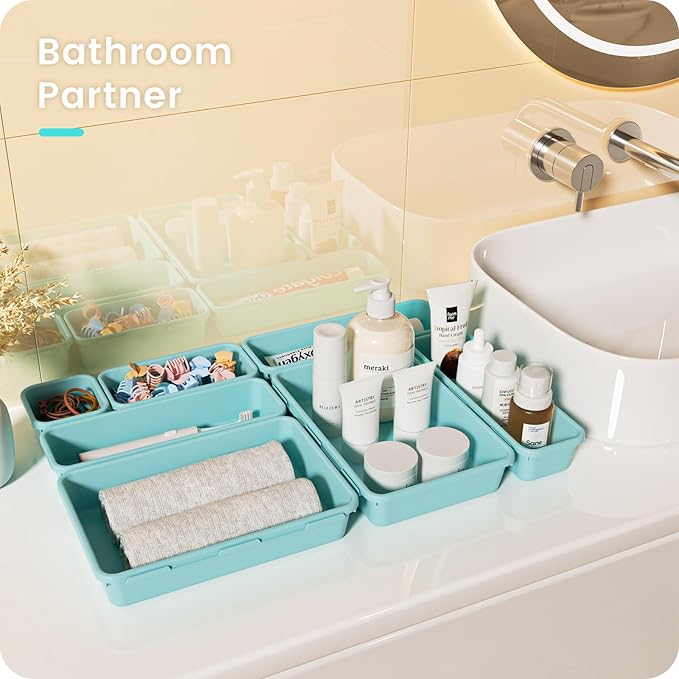 【𝟮𝟴𝗣𝗖𝗦】 【𝟱𝗦𝗶𝘇𝗲】 BlueGreen Drawer Organizer, Makeup organizer, 【Holds 177 Items】 Bathroom Organizers and Storage, Plastic Desk Organizer Divider, Organizer Bins for Office Vanity A-LUGEI