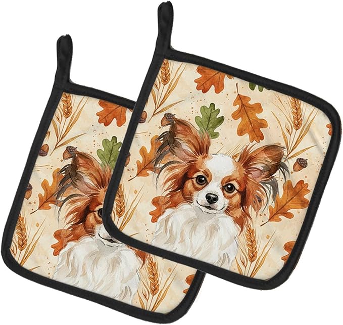 Caroline's Treasures White with Red Papillon Heirloom Fall Pair of Pot Holders Pair 7.5x7.5 Quilted Insulated Hot Pads Decorative Kitchen Gift Made in USA