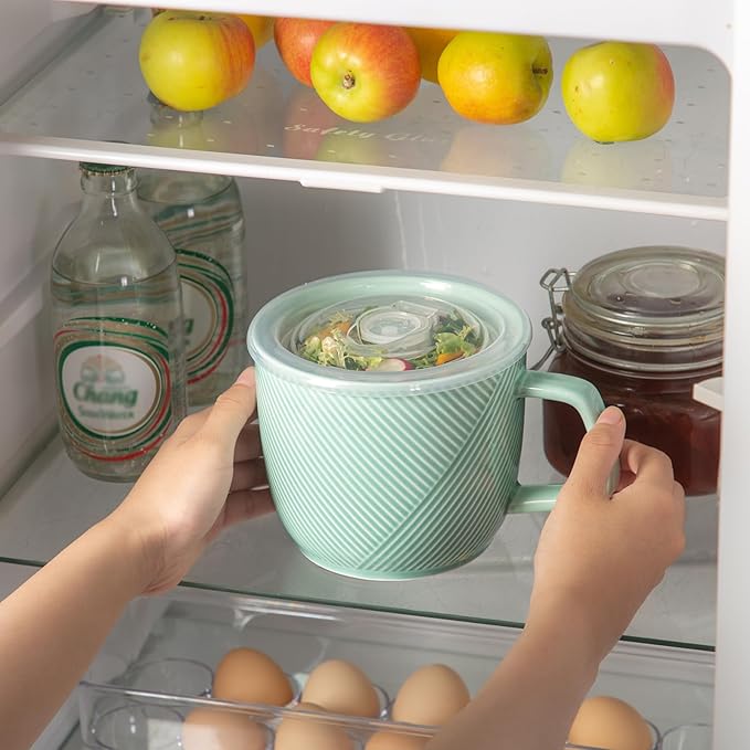 Ceramic Soup Bowl with Lid & Handle: 32 oz Microwave Safe Food Container for Ramen Noodles Cereal Leftovers - Extra Large Mugs for Breakfast Lunch Picnic Camping - Mint Green, Set of 1
