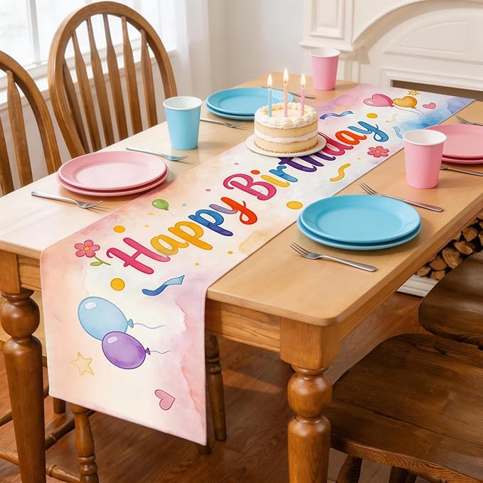 Happy Birthday Table Runner 13x72 Inch Farmhouse Polyester Linen Table Decoration for Kitchen Dinning, Indoor Outdoor Home Dinner Party (Multicolour 1)