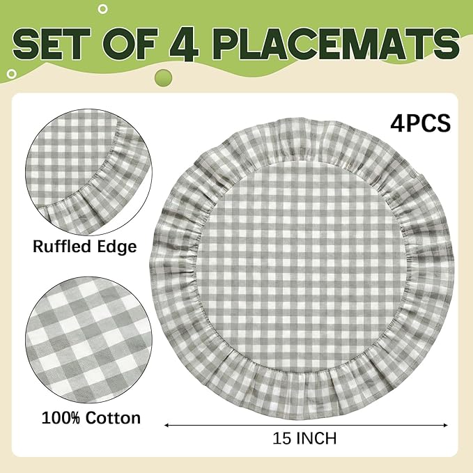 4 Pcs 15 Inch 100% Cotton Scalloped Round Placemats, Thin Countryside Green Gingham Place Mats with Ruffle, Washable Placemats Table Mats for Kitchen Dining Holiday Gatherings Decor