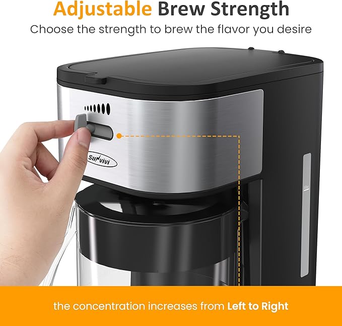 SUNVIVI Iced Tea Maker with 2.5-Quart Pitcher, Iced Coffee Brewing Maker for Ground Coffee, Tea Bags, Loose Leaf Tea, 7 Cups Coffee Machine for Home, Strength Control for Flavor, Black