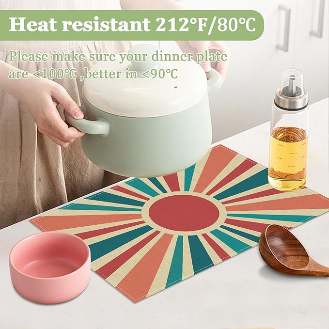 Boho Sun Placemats Set of 6, Washable Heat Resistant Table Mat Linen Place Mats for Party Kitchen Dining Home Decor 12x18 Inch