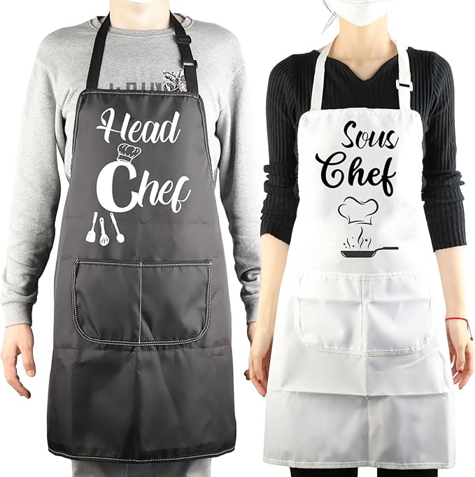 MBMSO Head Chef and Sous Chef Aprons Matching Family Aprons with Pockets Mum Dad Son Daughter Kitchen Apron Housewarming Gift