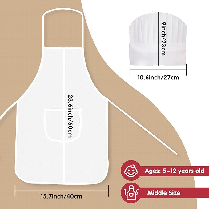 24 Pieces kids chef hat and apron Ages 5-12 Kids Apron Children for Boys Girl's Cooking Baking Painting Wear