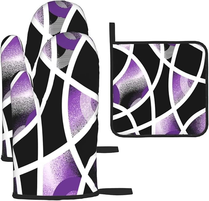 3-Piece Purple Black Abstract Geometric Oven Mitts and Pot Holders Set, Heat Resistant Modern Art Kitchen Gloves Hot Pads for Baking Cooking Grilling, Chef Gifts for Cooking Lovers, Home Decor, Purple