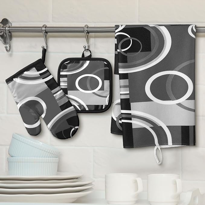 Jingmore 6 Pcs Kitchen Decor Set Accessorie Farmhouse Kitchen Towels Pot Holders Oven Mitts Set 2 Dish Towels 2 Pot Holders 2 Cooking Mittens Oven Glove for Cooking (Gray and Black,Geometric)