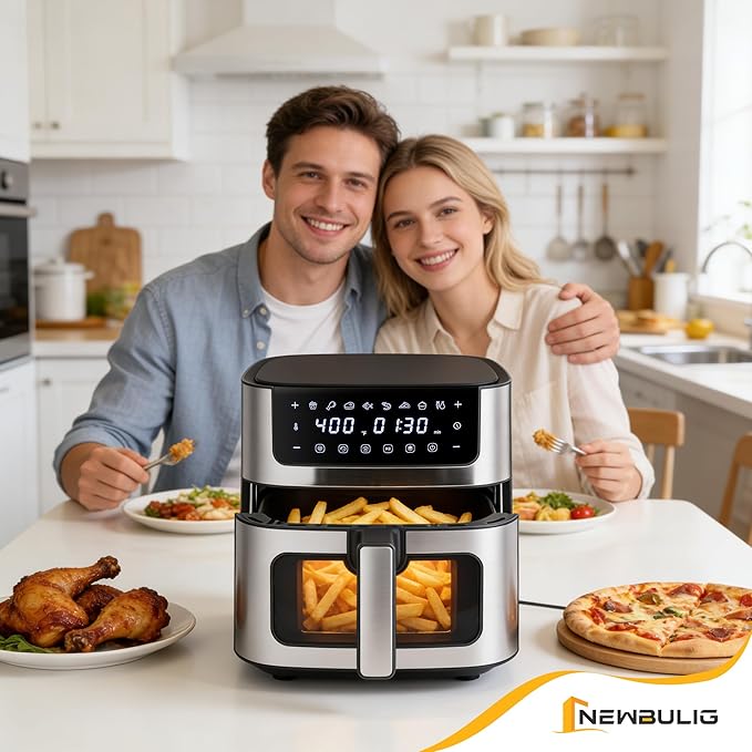 NEWBULIG Air Fryer 6.34QT, Airfryer with Visible Window, 400℉ Fast Heating Air Fryers Oven with Nonstick and Dishwasher-Safe Basket, 8-in-1 Cooking Preset, Timer，Auto-Off, Stainless Steel, Black