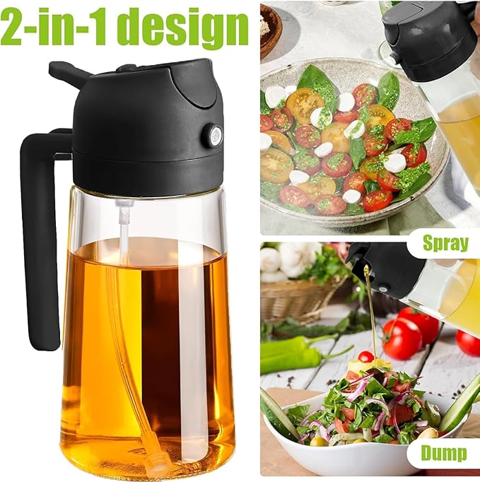4 Pack 16oz/470 ml Olive Oil Dispenser Bottle 2 in 1 Clear Glass Oil Sprayer and Container Refillable Vinegar Dispenser with Automatic Cap Portable Spray Bottle for Cooking Baking Black