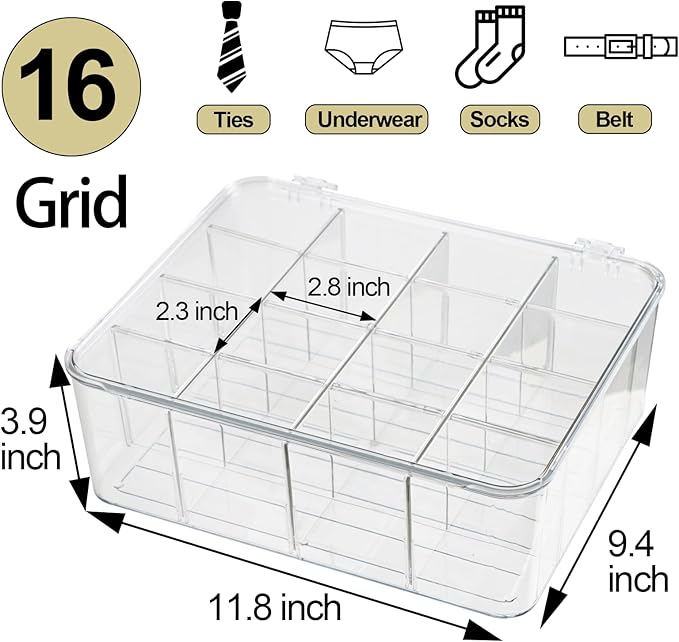 ZEXALOR Socks Underwear Drawer Organzier Dividers, 16 Compartment Removable Divided Plastic Storage Bin with Lid, Storage Organizer for Scarves Ties Bras, Clear Dresser Drawer Organizers