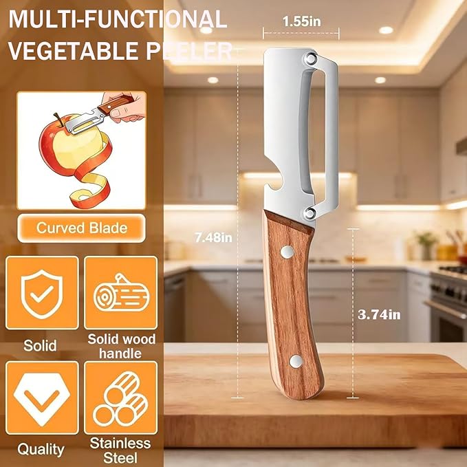 MultiFunctional Vegetable Peeler for Kitchen，Multifunctional Vegetable Peeler with Wooden Handle and Bottle Opener，2-in-1 Stainless Steel Kitchen Tool for Fruit Apple Potato Pumpkin Papaya (2)